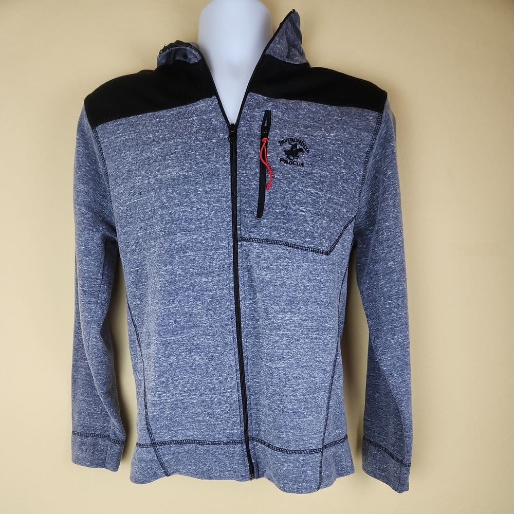 Beverly Hills Polo Club Mens Small Blue Heather Full Zip Hoodie Sweatshirt Black